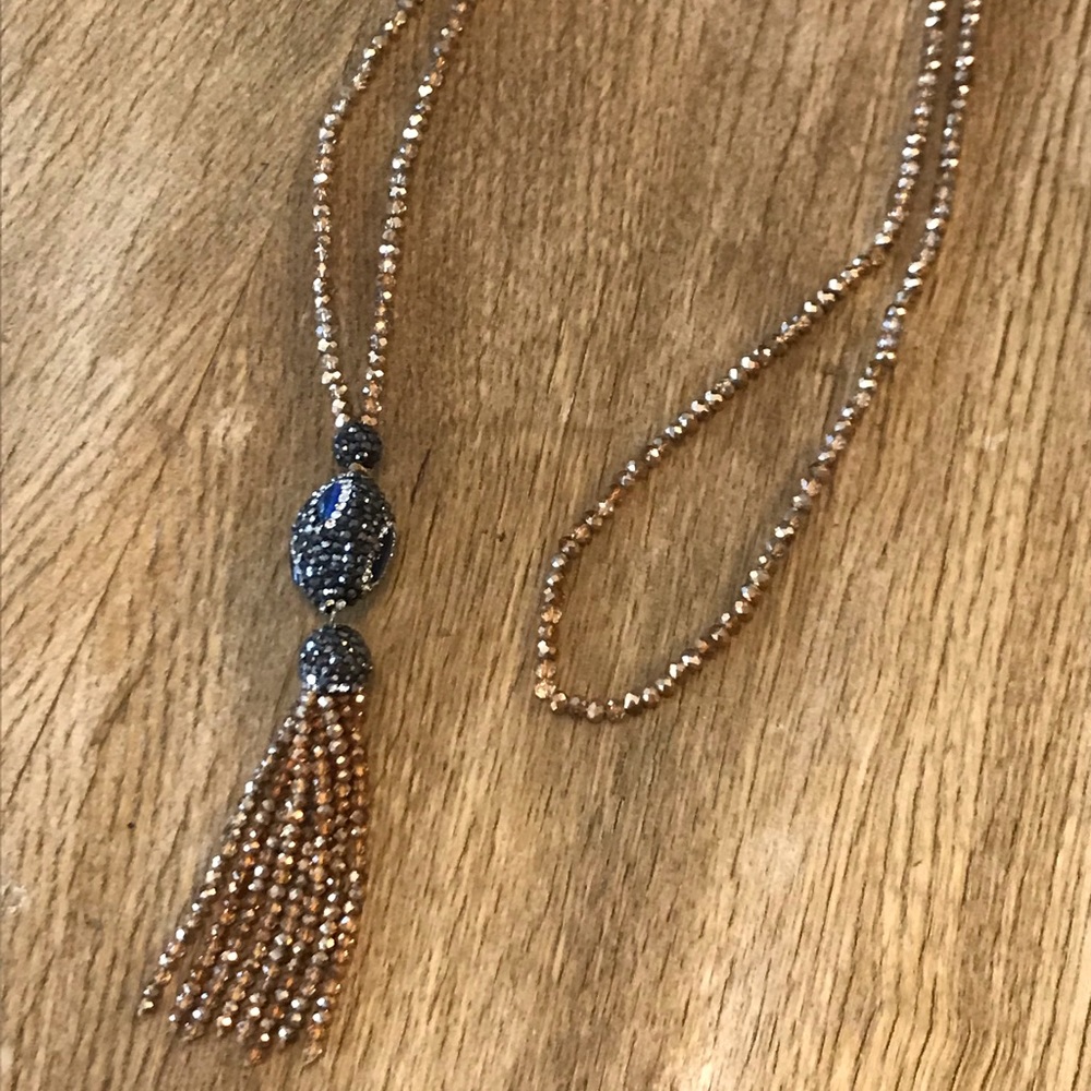 Gold glass beaded Necklace with rhinestone charm